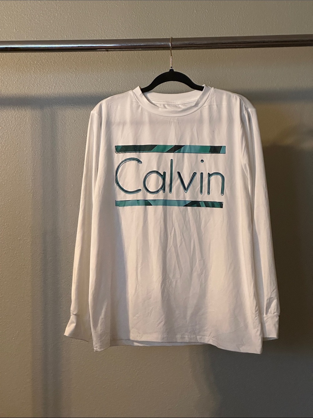 Calvin Klein White Long-Sleeve Shirt with Teal Logo Stripes
